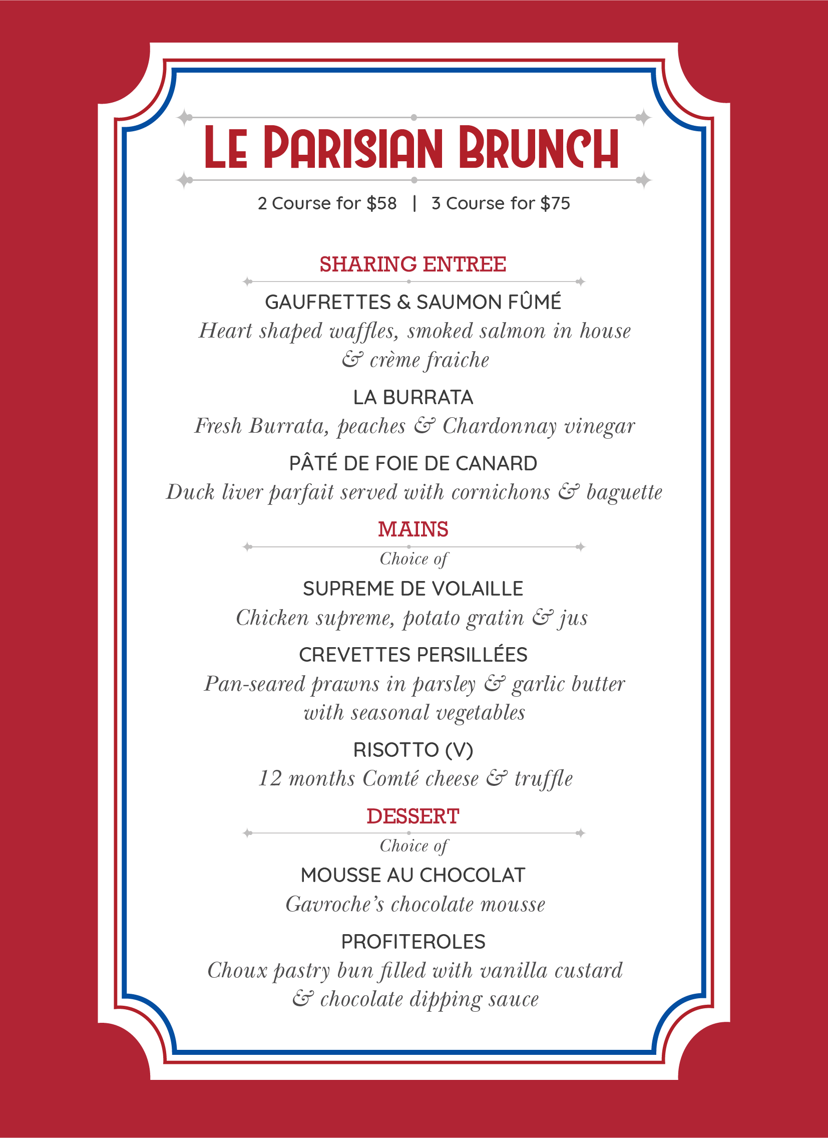 Parisian Brunch Gavroche Menu